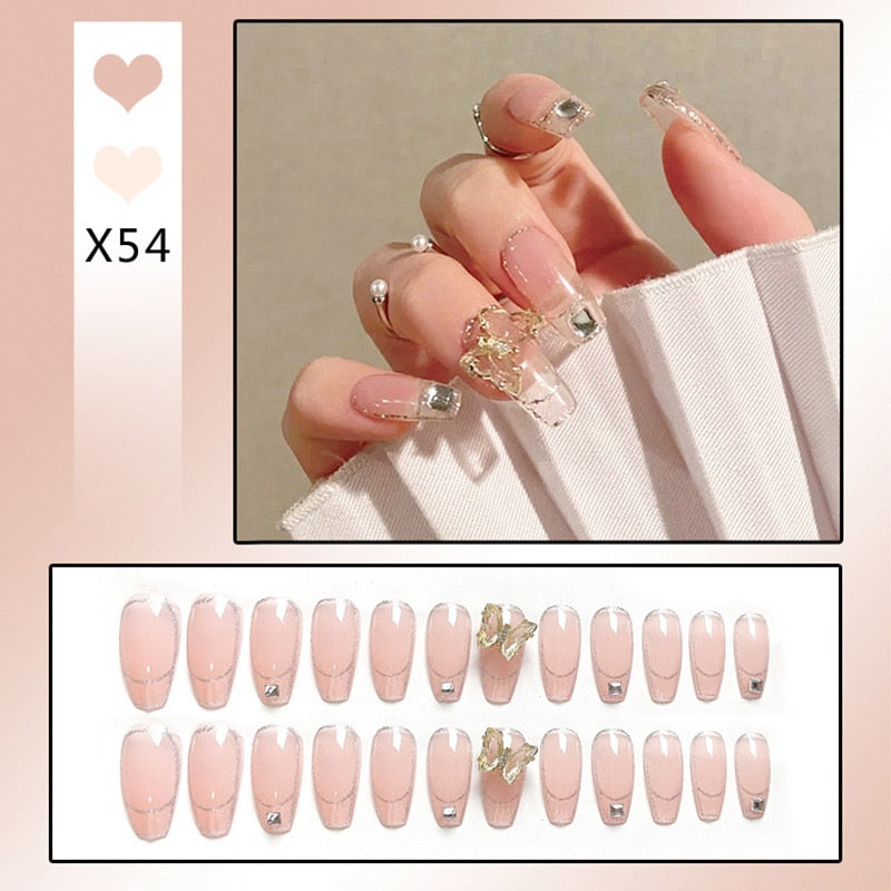 24pcs Glitter Gold Diamond False Nails French Butterfly Design Press on Nail Wearable Full Cover Acrylic Nail Tips for Girls N1