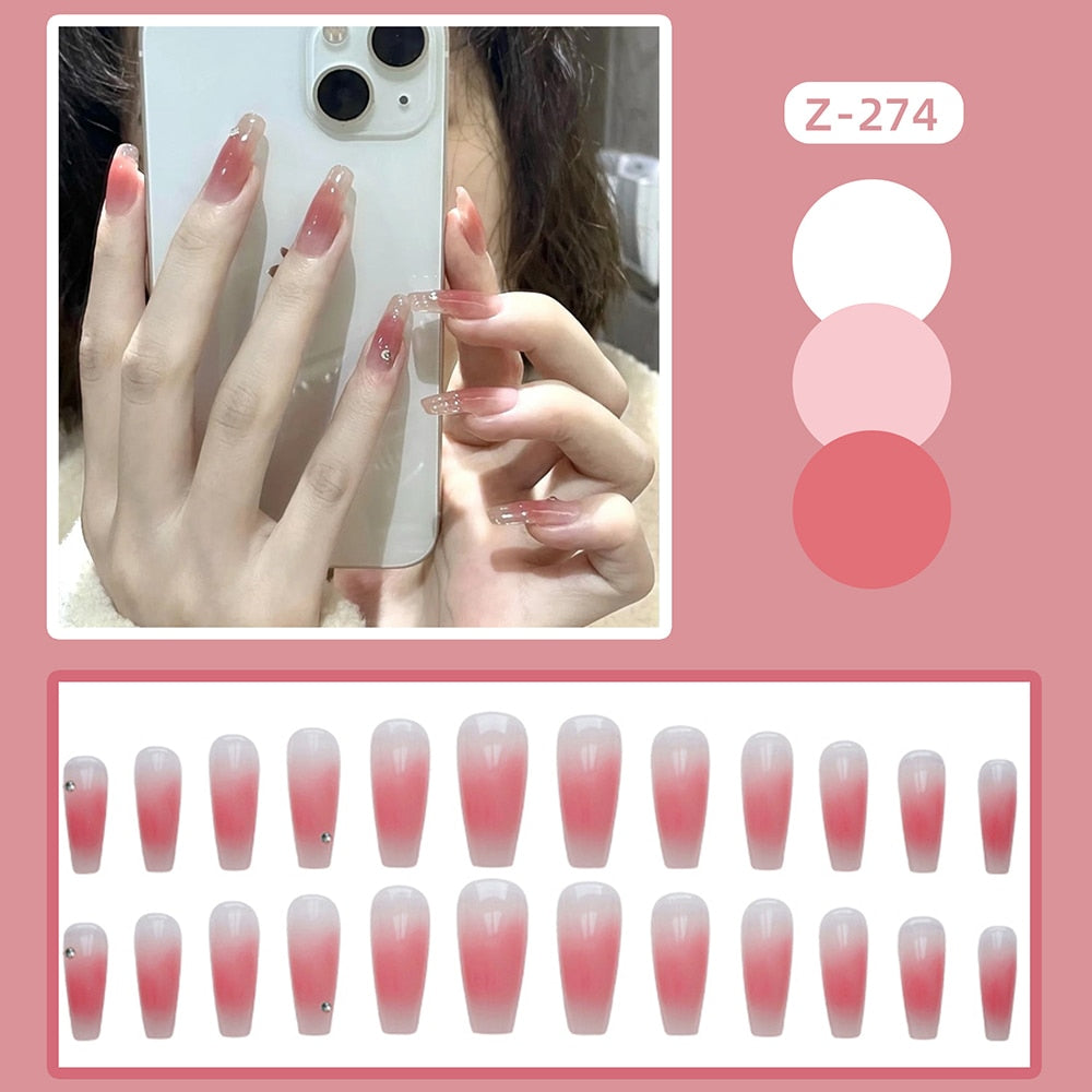 24pcs Glitter Gold Diamond False Nails French Butterfly Design Press on Nail Wearable Full Cover Acrylic Nail Tips for Girls N35