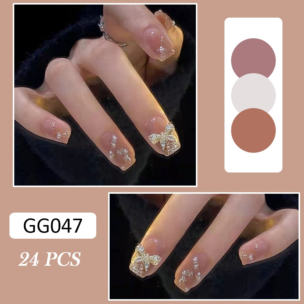 24pcs Glitter Gold Diamond False Nails French Butterfly Design Press on Nail Wearable Full Cover Acrylic Nail Tips for Girls N10