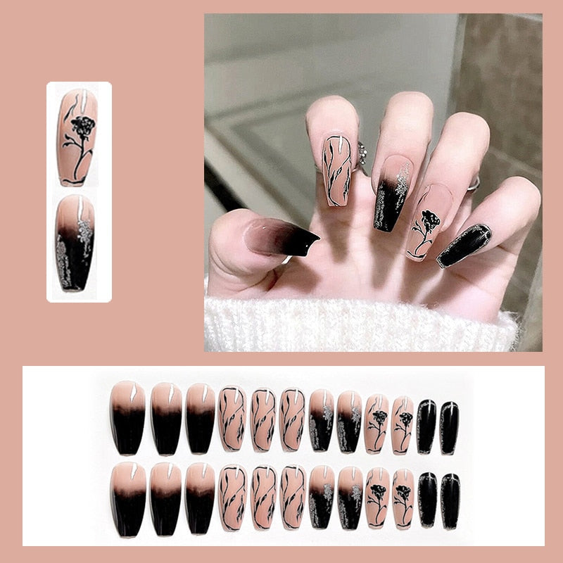 24pcs Glitter Gold Diamond False Nails French Butterfly Design Press on Nail Wearable Full Cover Acrylic Nail Tips for Girls N20