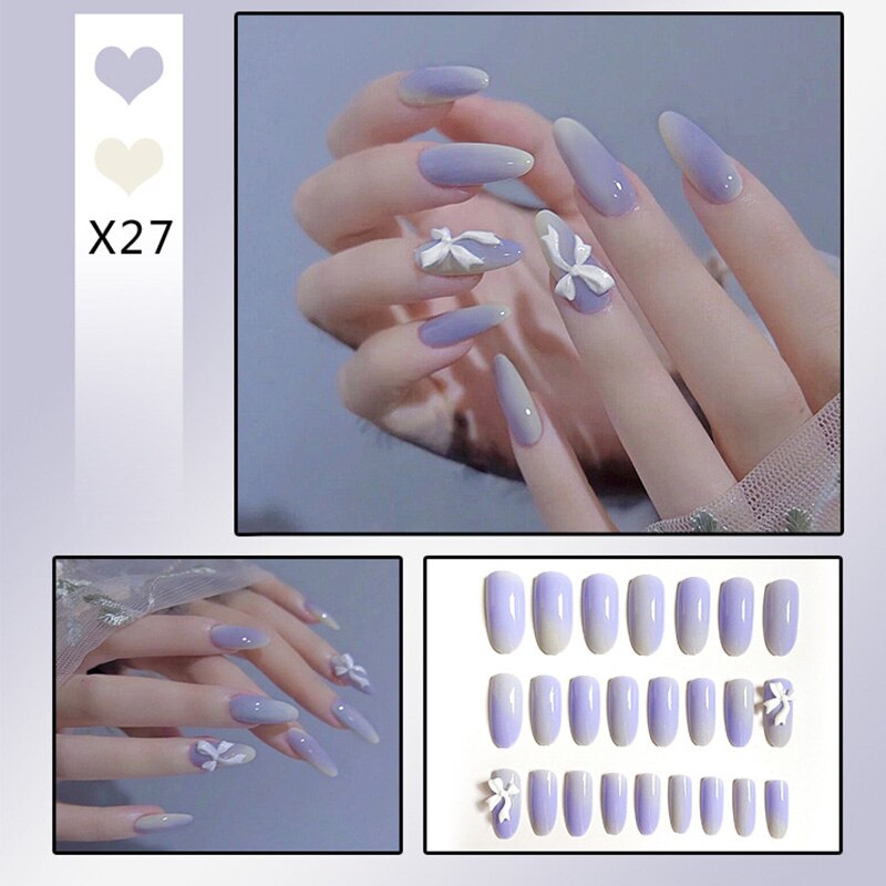 24pcs Glitter Gold Diamond False Nails French Butterfly Design Press on Nail Wearable Full Cover Acrylic Nail Tips for Girls N32