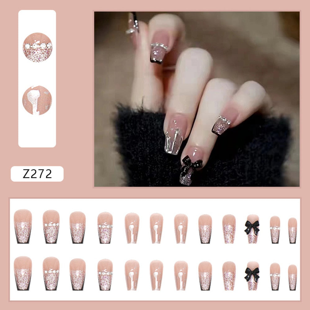 24pcs Glitter Gold Diamond False Nails French Butterfly Design Press on Nail Wearable Full Cover Acrylic Nail Tips for Girls N9