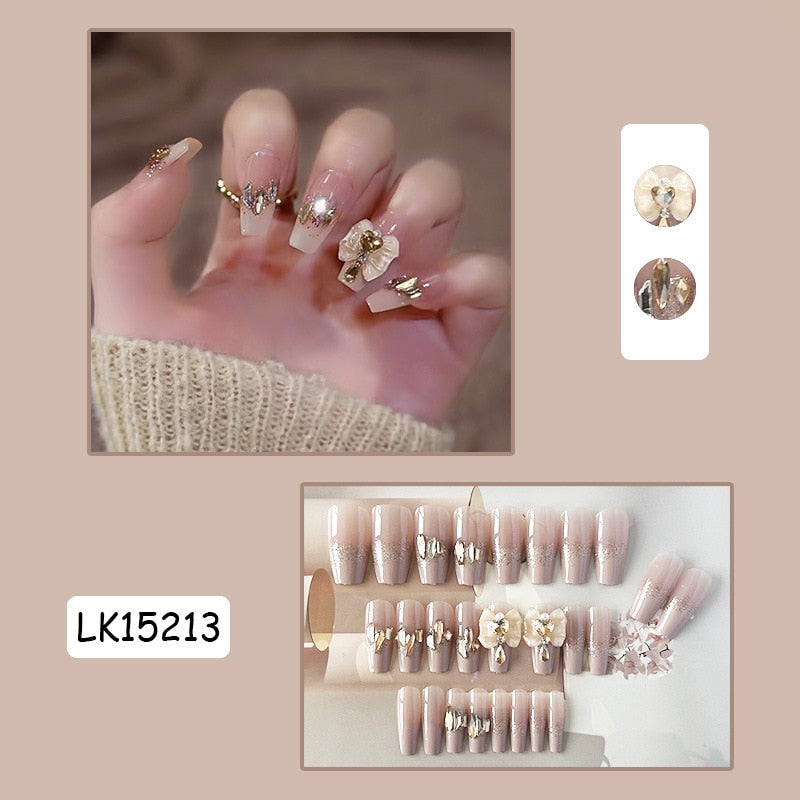 24pcs Glitter Gold Diamond False Nails French Butterfly Design Press on Nail Wearable Full Cover Acrylic Nail Tips for Girls N2