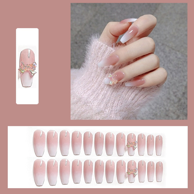 24pcs Glitter Gold Diamond False Nails French Butterfly Design Press on Nail Wearable Full Cover Acrylic Nail Tips for Girls N29