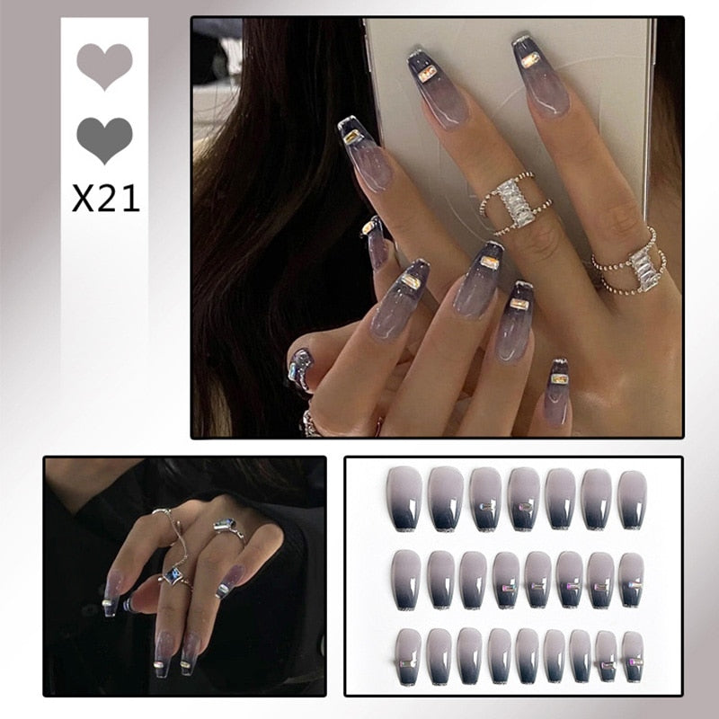 24pcs Glitter Gold Diamond False Nails French Butterfly Design Press on Nail Wearable Full Cover Acrylic Nail Tips for Girls N7