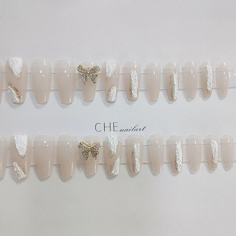 24pcs Glitter Gold Diamond False Nails French Butterfly Design Press on Nail Wearable Full Cover Acrylic Nail Tips for Girls