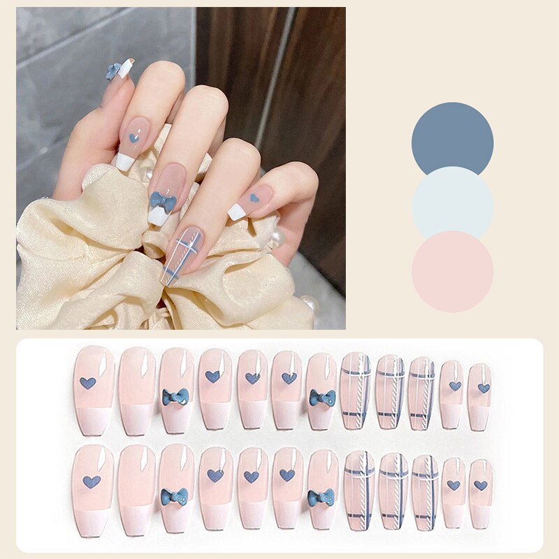 24pcs Glitter Gold Diamond False Nails French Butterfly Design Press on Nail Wearable Full Cover Acrylic Nail Tips for Girls N28