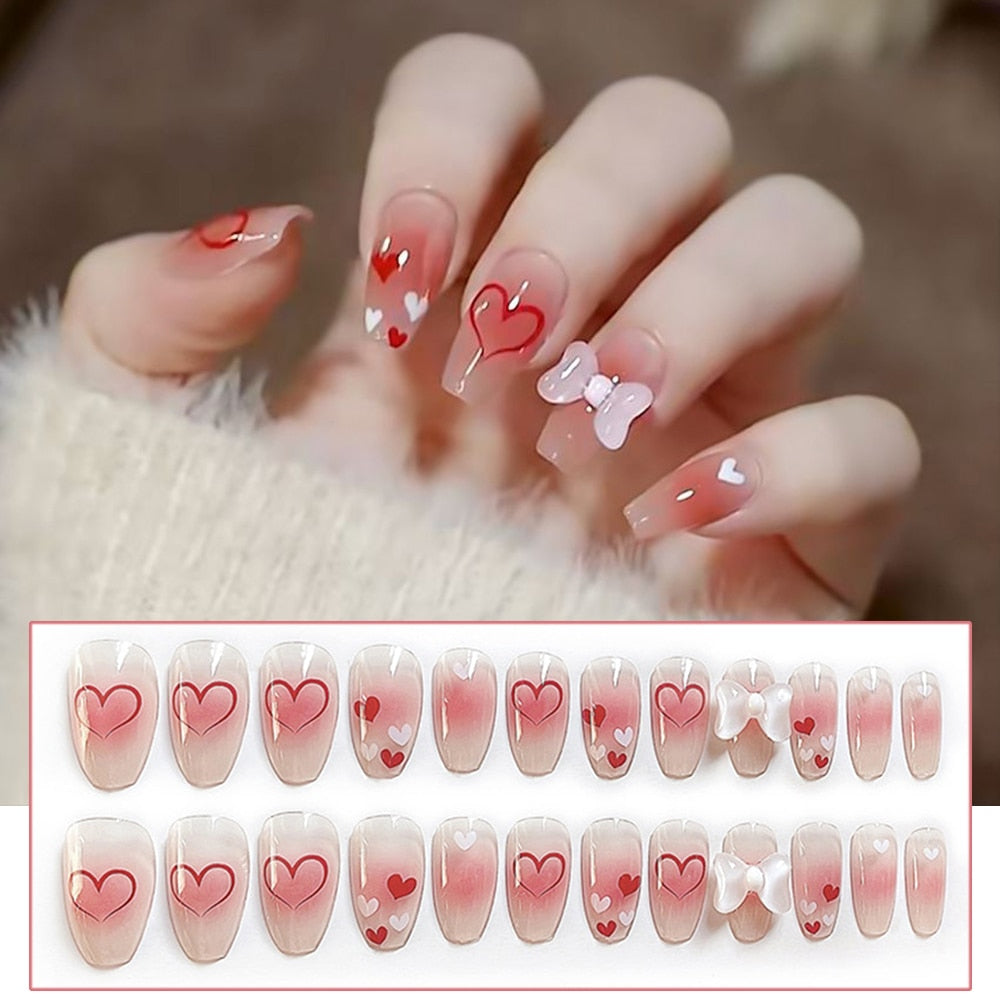 24pcs Glitter Gold Diamond False Nails French Butterfly Design Press on Nail Wearable Full Cover Acrylic Nail Tips for Girls N40