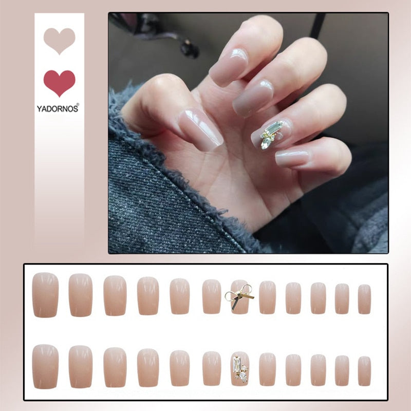 24pcs Glitter Gold Diamond False Nails French Butterfly Design Press on Nail Wearable Full Cover Acrylic Nail Tips for Girls N33