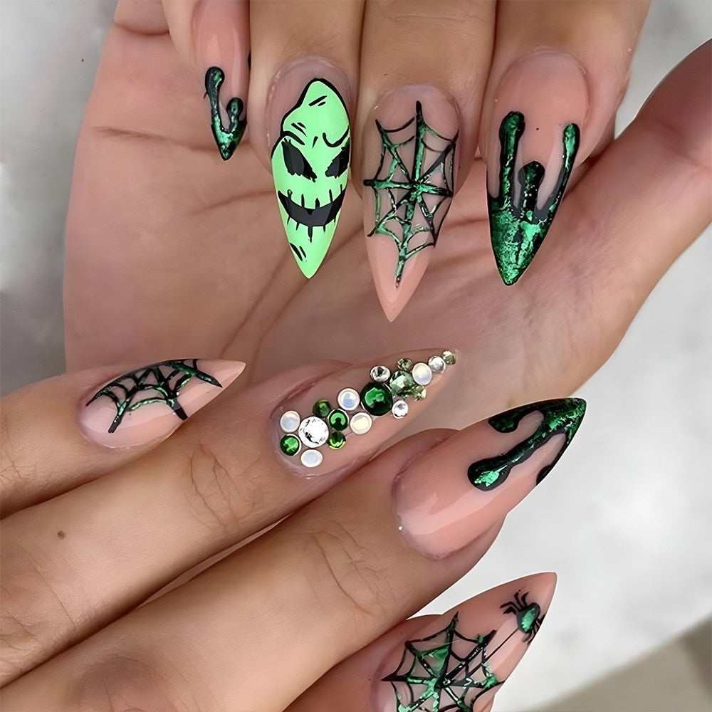 24pcs Halloween False Nails Glow in the Dark Ghost Spider Printed Press on Nail Halloween Manicure Supplies Wearable Fake Nails N8