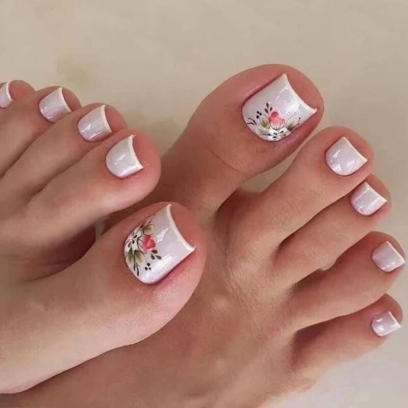 24pcs Ins Flowers Press On Toenails Full Cover French Style Summer Flower Design Beach Acrylic Toe Nail Patch For girls Women 18