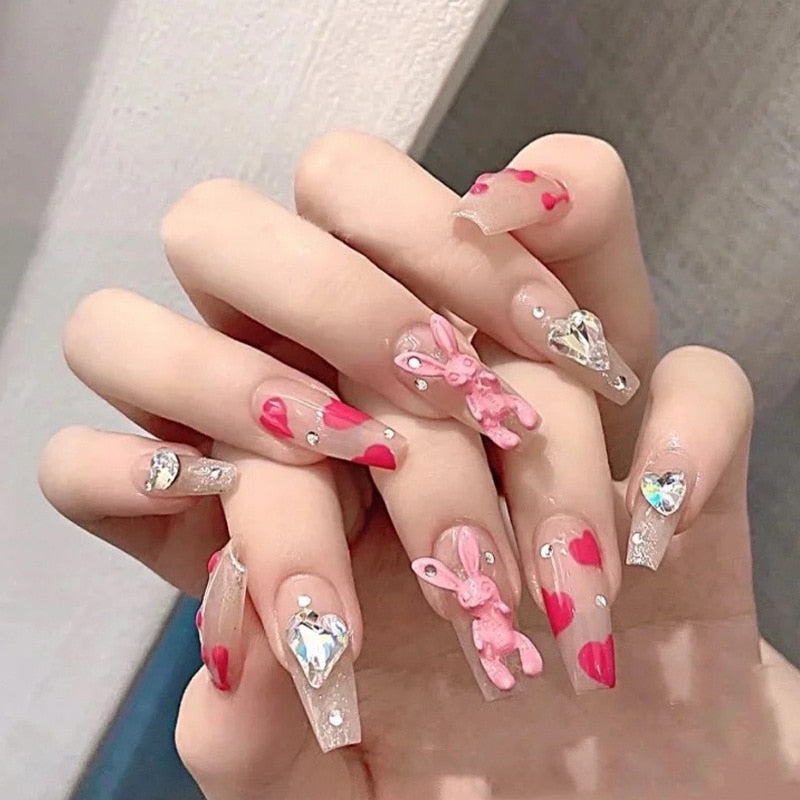 24pcs Kawaii Press on Nails y2k False Nails Set Rhinestone Acrylic Artificial Nails with Design Reusable french Long Fake Tips QX148