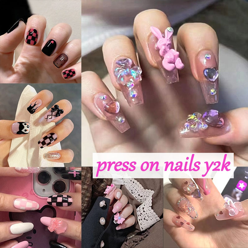 24pcs Kawaii Press on Nails y2k False Nails Set Rhinestone Acrylic Artificial Nails with Design Reusable french Long Fake Tips AMAIO