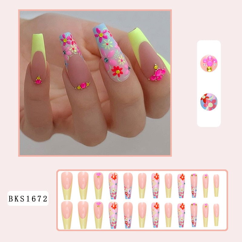 24pcs Long Ballerina False Nail Summer Rainbow Flower Glitter False Nails Wearable Nails Set Press On Nail Full Cover Nail Tips