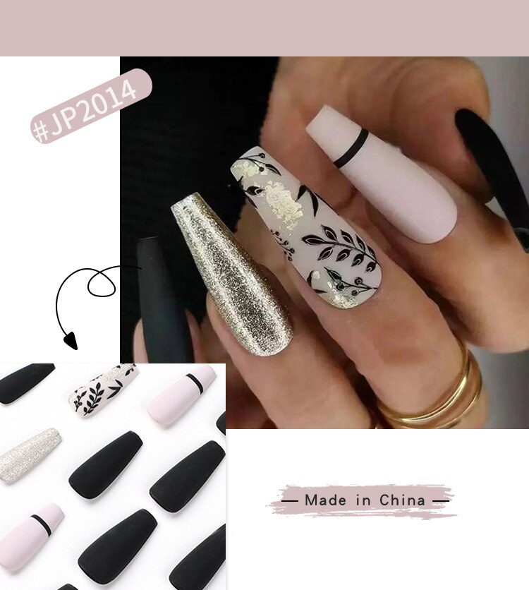 24pcs Long Ballet False Nail Full Cover Fake Nail Grey White Marble Design Nails Tip French Coffin Nails Press On Nails b15