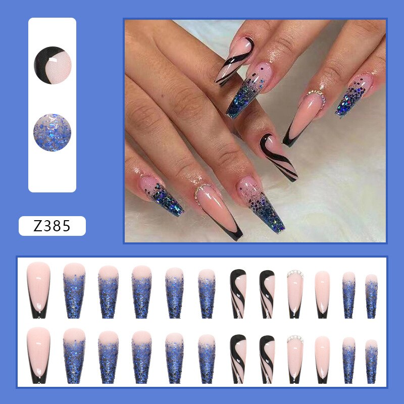 24pcs Long Ballet False Nail Full Cover Fake Nail Grey White Marble Design Nails Tip French Coffin Nails Press On Nails b8