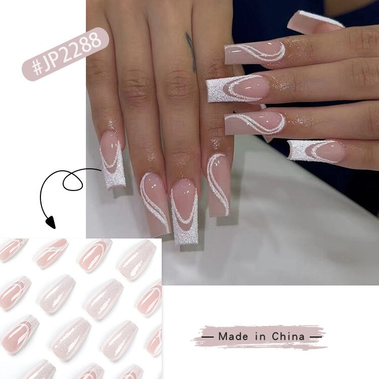 24pcs Long Ballet False Nail Full Cover Fake Nail Grey White Marble Design Nails Tip French Coffin Nails Press On Nails C2