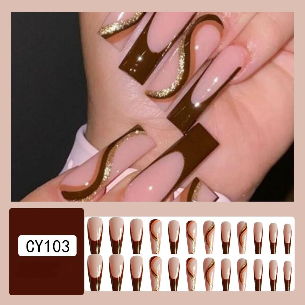 24pcs Long Ballet False Nail Full Cover Fake Nail Grey White Marble Design Nails Tip French Coffin Nails Press On Nails 14