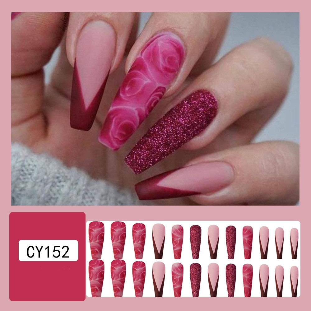 24pcs Long Ballet False Nail Full Cover Fake Nail Grey White Marble Design Nails Tip French Coffin Nails Press On Nails 15