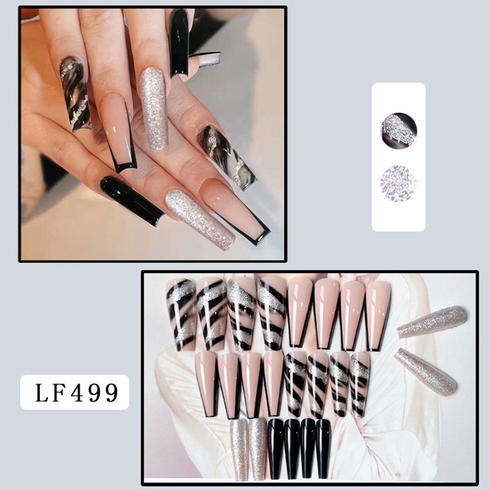 24pcs Long Ballet False Nail Full Cover Fake Nail Grey White Marble Design Nails Tip French Coffin Nails Press On Nails b7