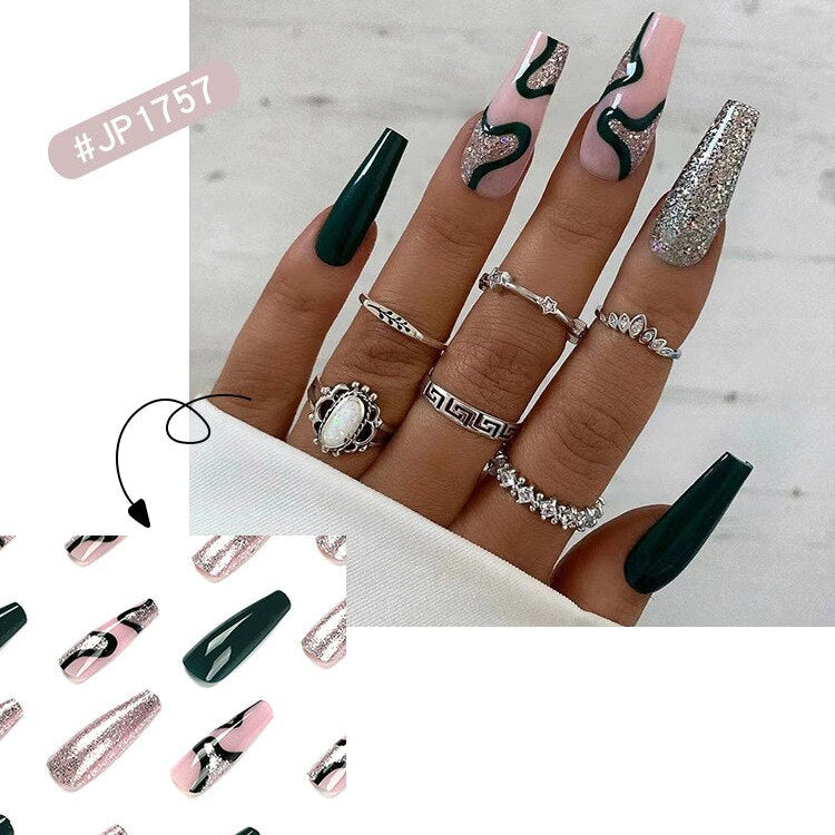 24pcs Long Ballet False Nail Full Cover Fake Nail Grey White Marble Design Nails Tip French Coffin Nails Press On Nails b14