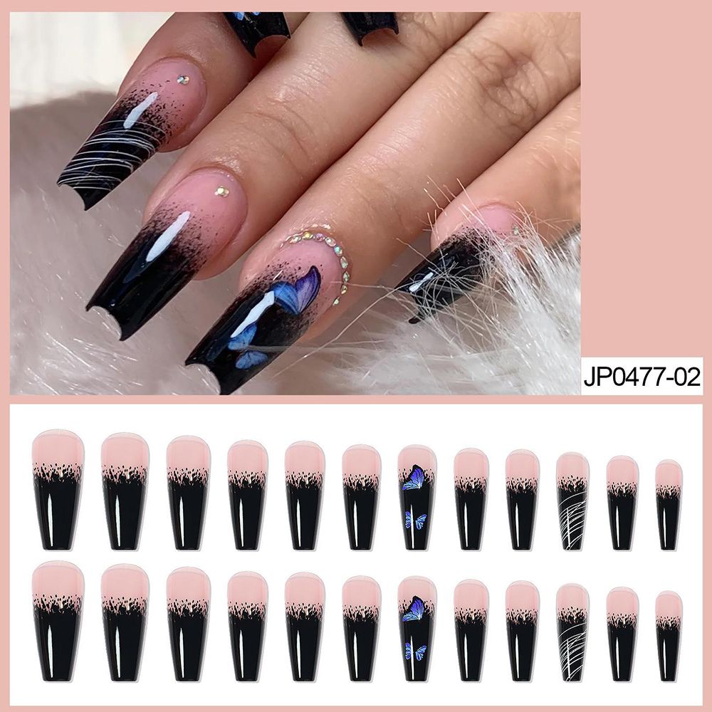 24pcs Long Ballet False Nail Full Cover Fake Nail Grey White Marble Design Nails Tip French Coffin Nails Press On Nails 13