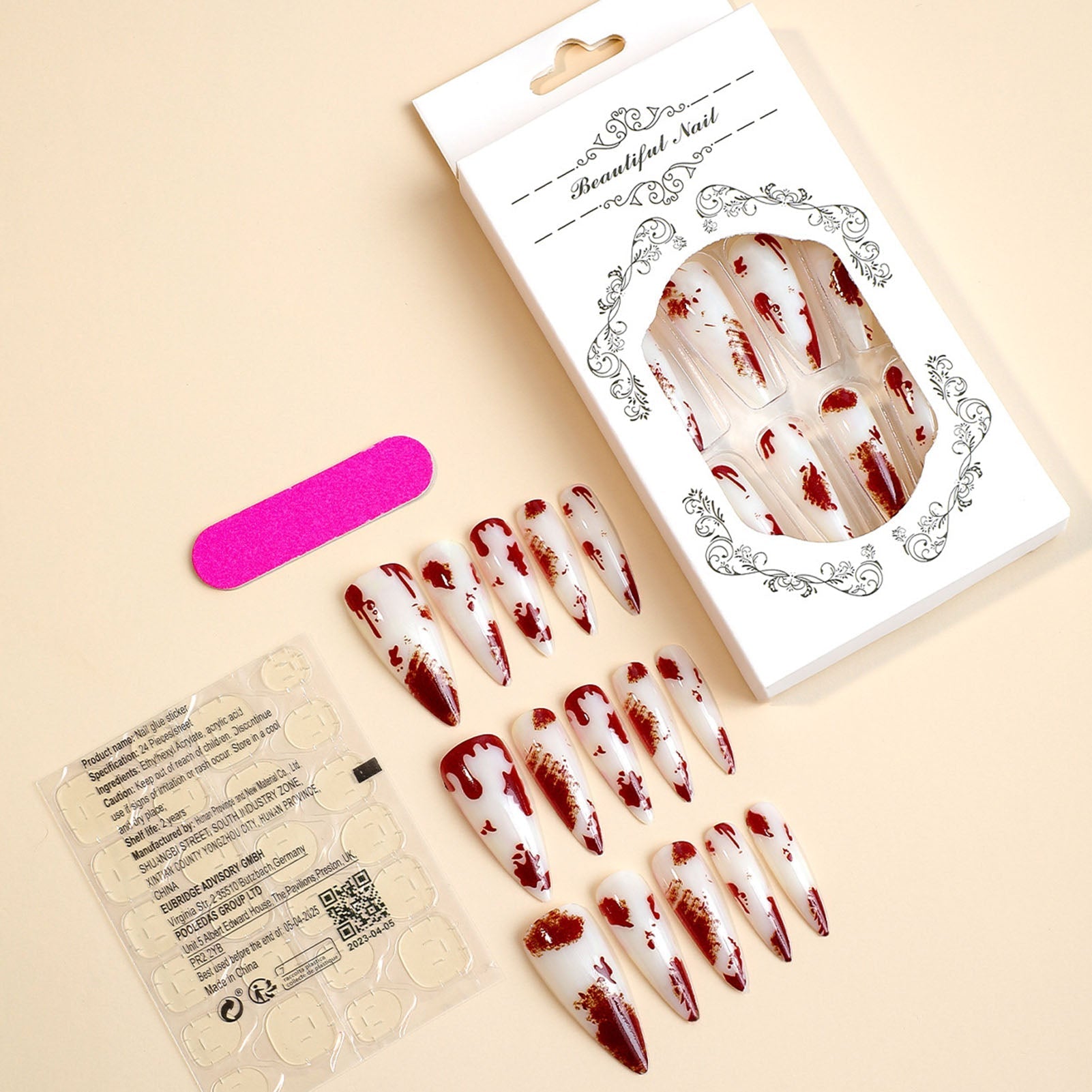 24pcs Long Pointed Halloween Nail Tips Bloodstain Decor Fake Nails Stiletto Press On False Nails Professional Manicure Nail Art