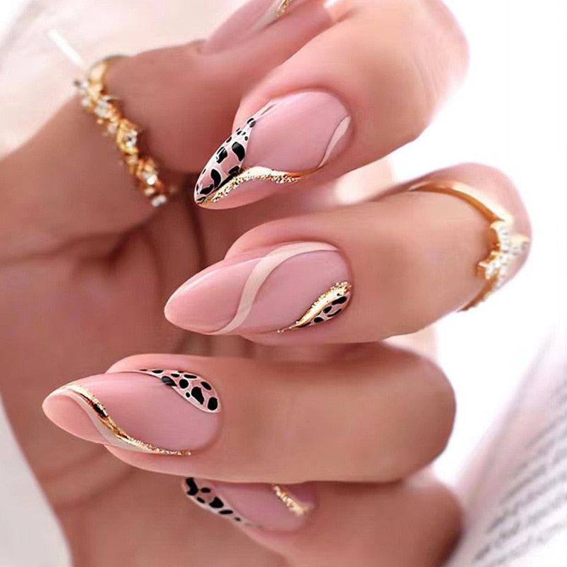 24pcs Long Stiletto False Nails wave Peals decorated Wearable French Fake Nails Press On Nails Leopard print Almond Manicure Tip 236