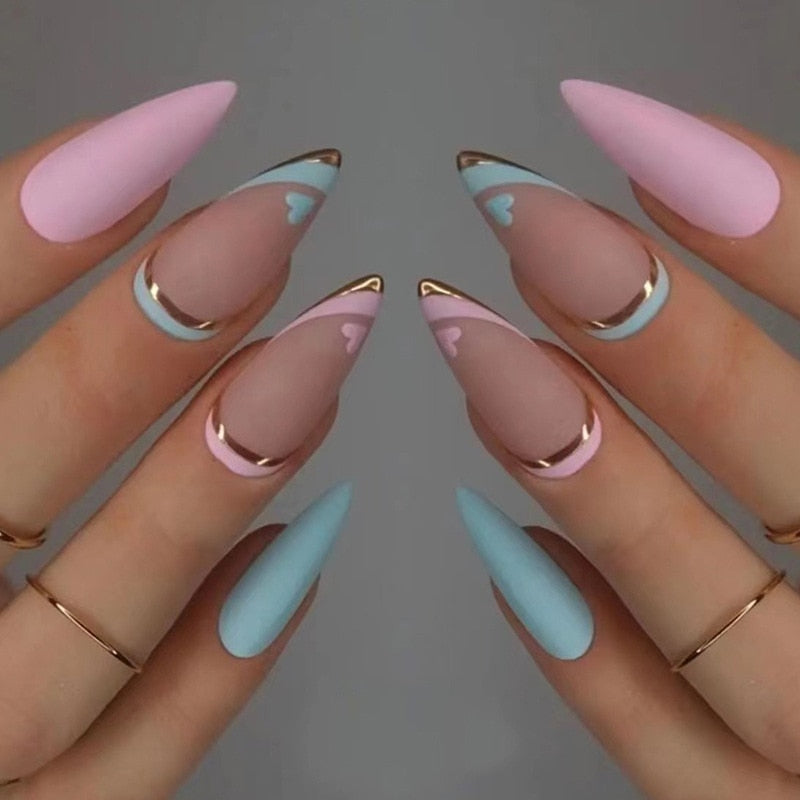 24pcs Long Stiletto False Nails wave Peals decorated Wearable French Fake Nails Press On Nails Leopard print Almond Manicure Tip 1993