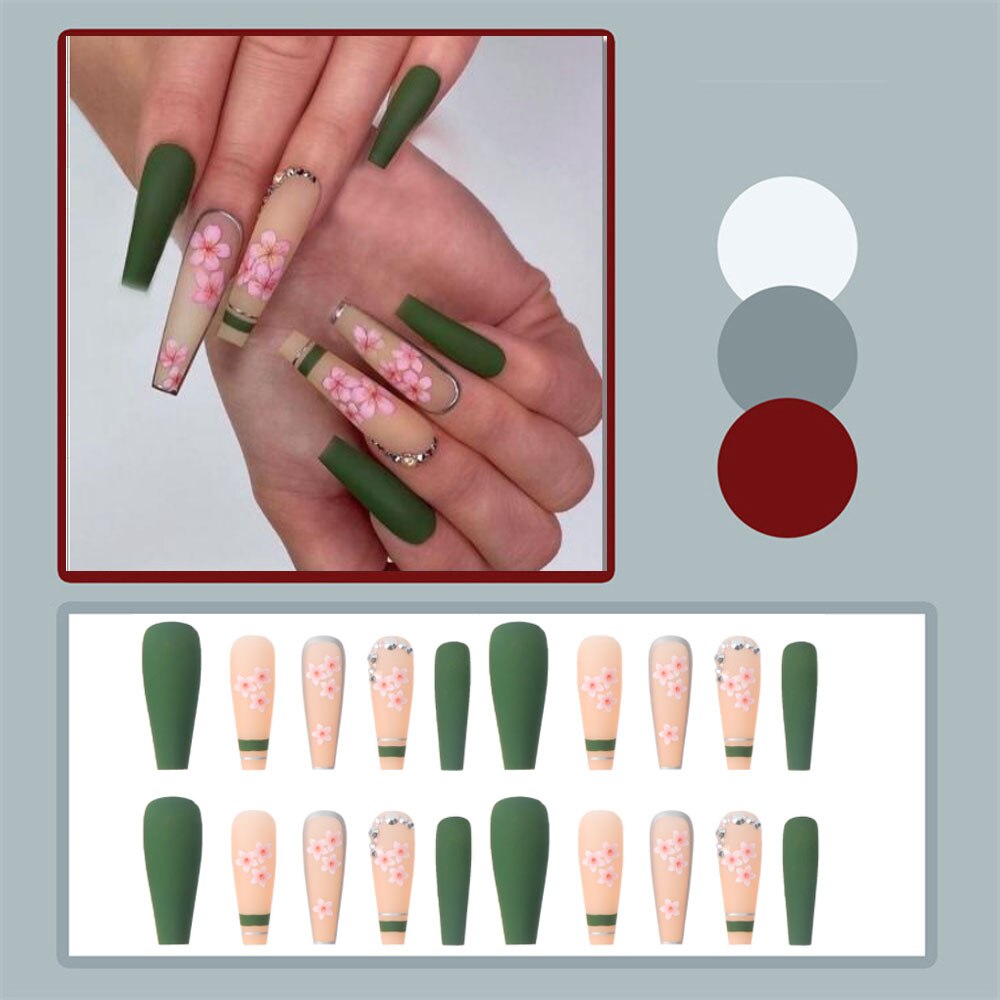 24pcs Matte Fake Nails Extra Long Ballerina Coffin Dark Blue Colorful Rhinestone Decals False Nails with designs Nail Art NEW 3