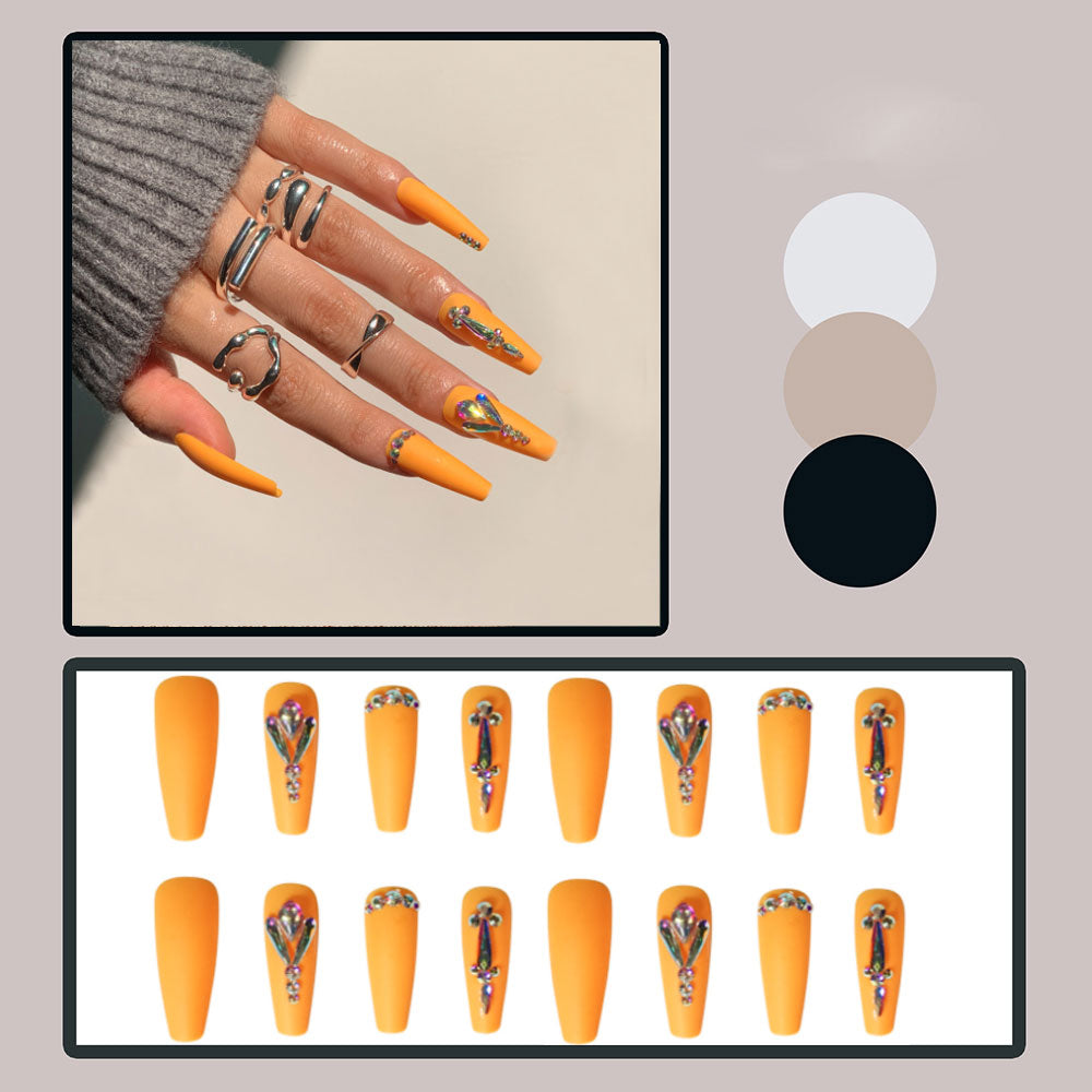 24pcs Matte Fake Nails Extra Long Ballerina Coffin Dark Blue Colorful Rhinestone Decals False Nails with designs Nail Art B9