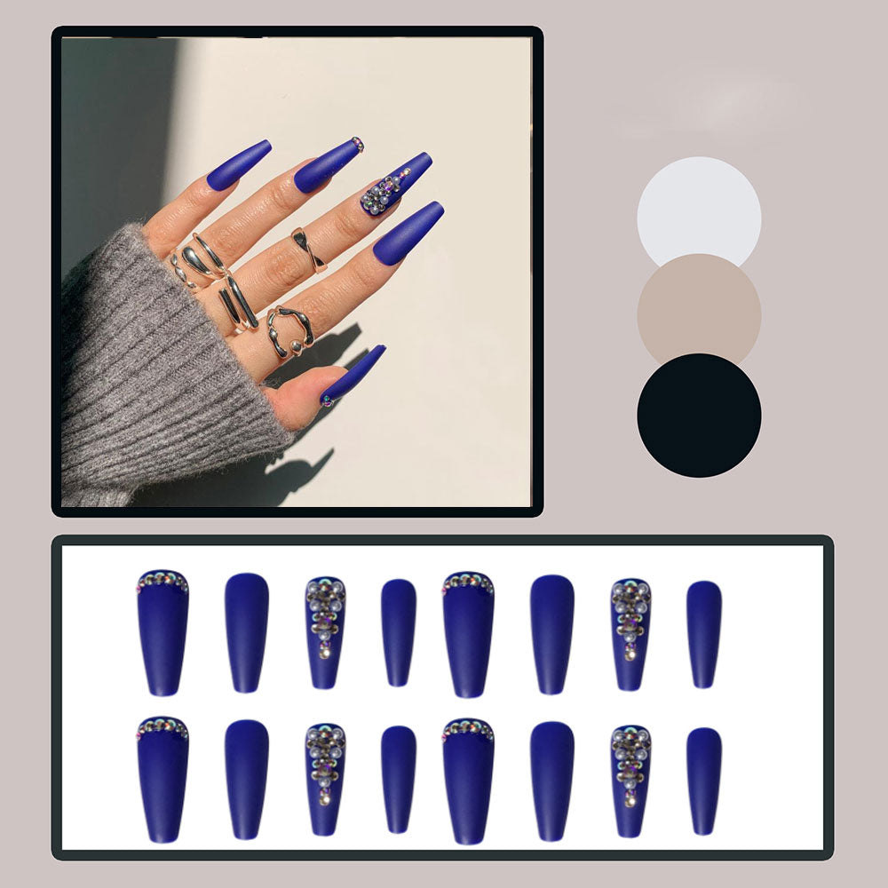 24pcs Matte Fake Nails Extra Long Ballerina Coffin Dark Blue Colorful Rhinestone Decals False Nails with designs Nail Art B5