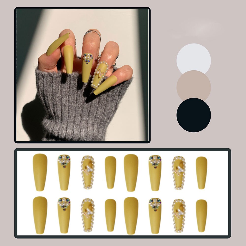 24pcs Matte Fake Nails Extra Long Ballerina Coffin Dark Blue Colorful Rhinestone Decals False Nails with designs Nail Art B4