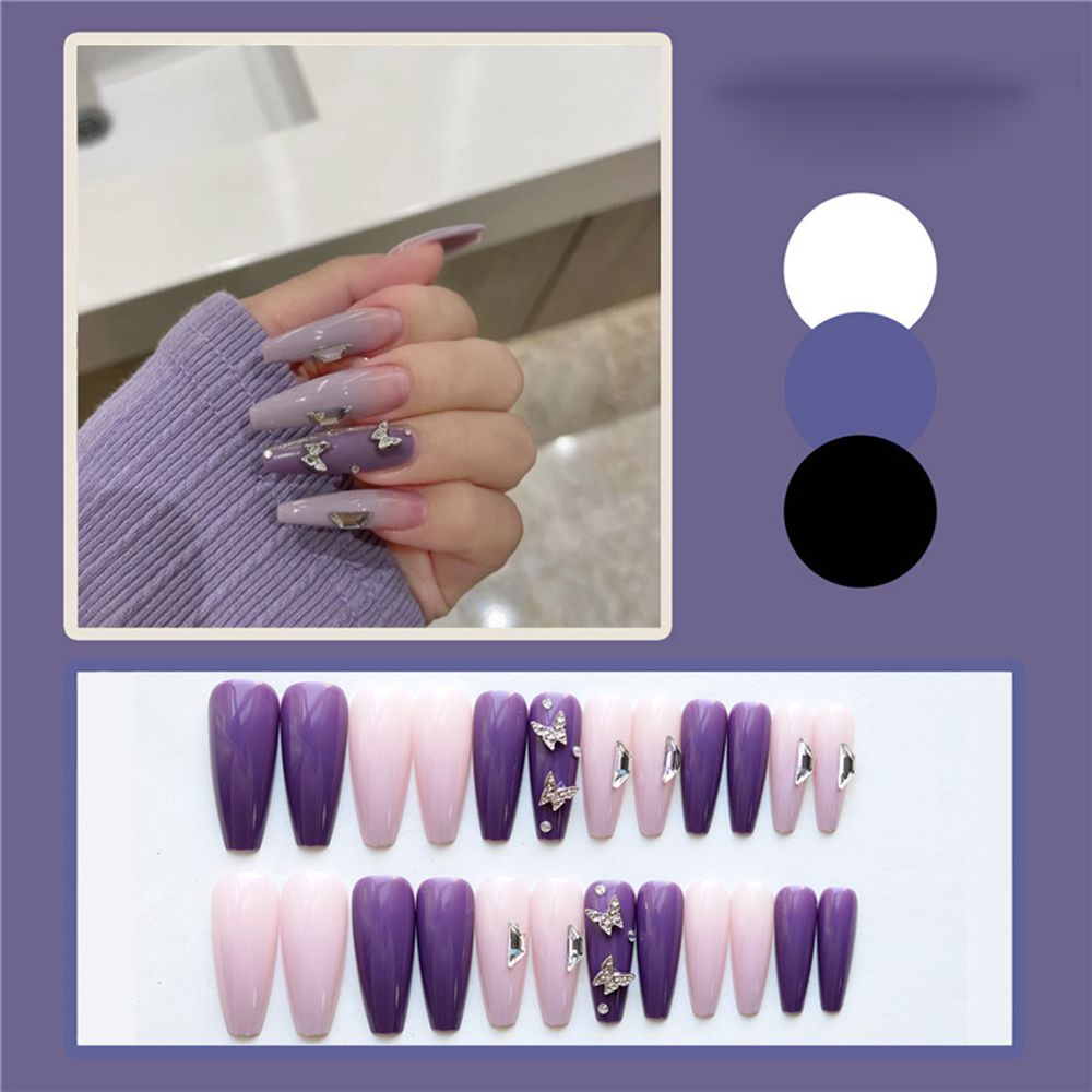 24pcs Matte Fake Nails Extra Long Ballerina Coffin Dark Blue Colorful Rhinestone Decals False Nails with designs Nail Art C7