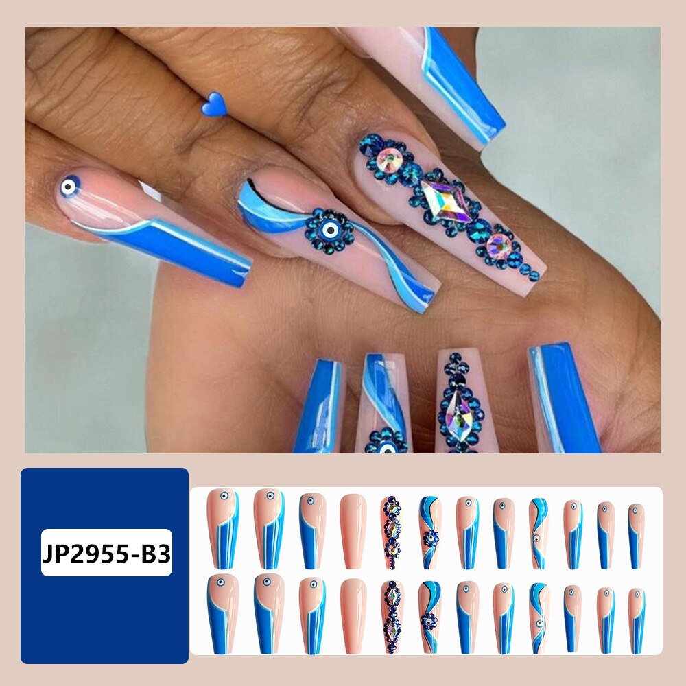 24pcs Matte Fake Nails Extra Long Ballerina Coffin Dark Blue Colorful Rhinestone Decals False Nails with designs Nail Art A5