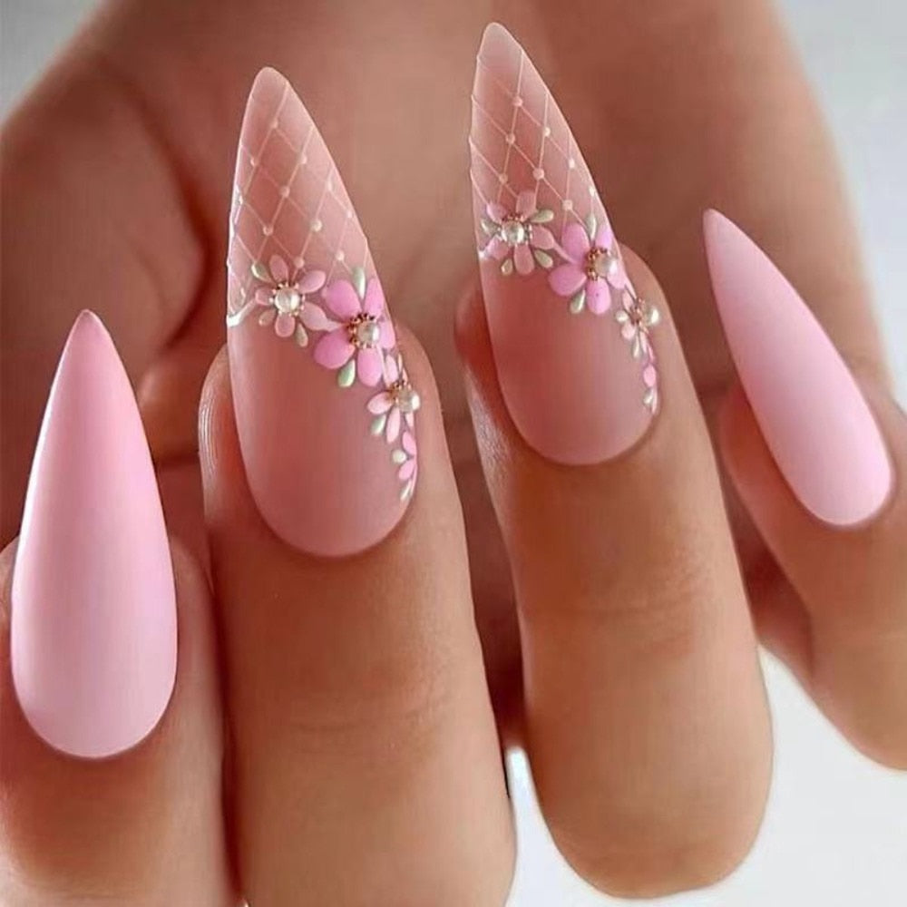 24pcs Matte Pink Almond Press On Nails Flower Design Fake Nails New Fashion French Style Full Cover False Nail Acrylic Nail Tips AMAIO