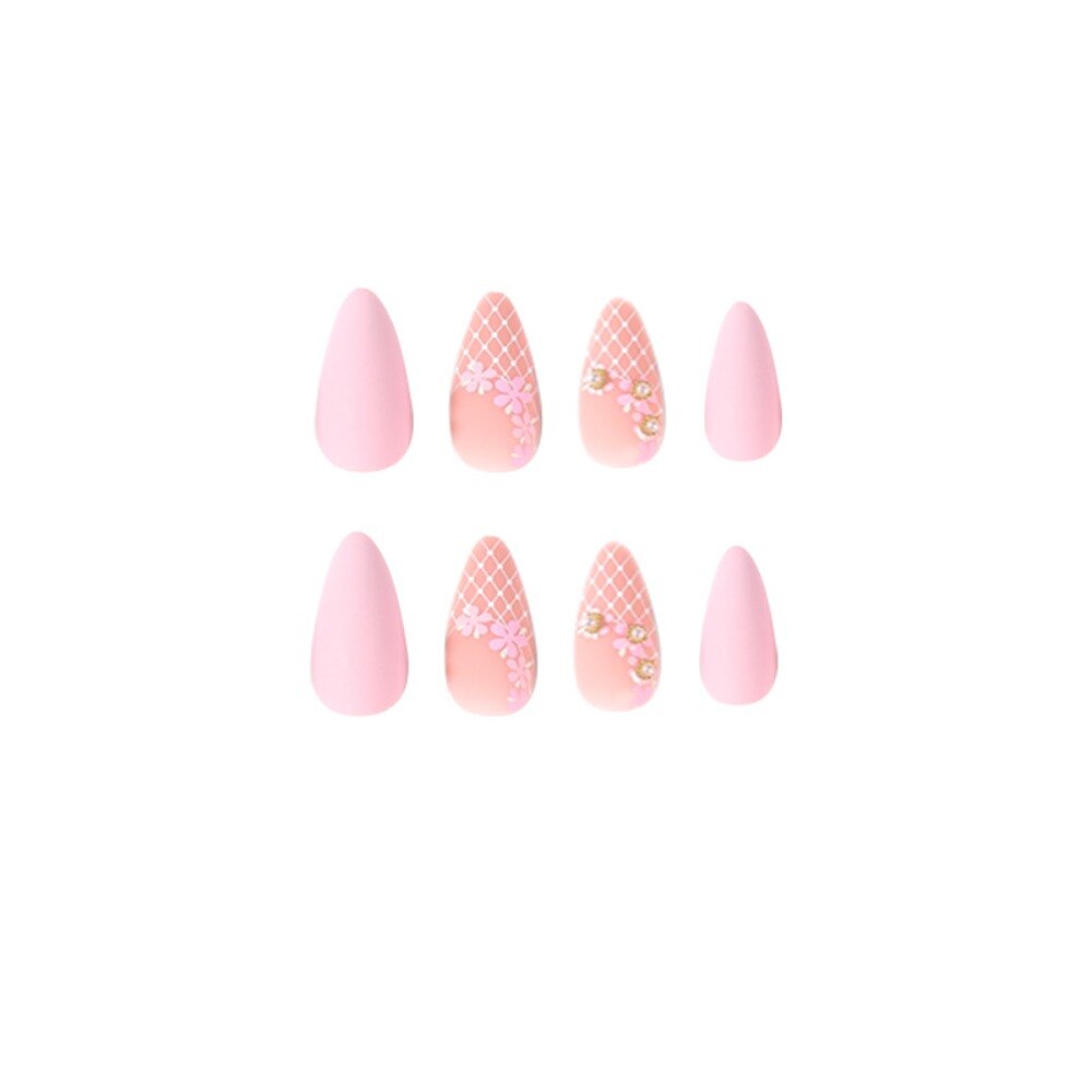 24pcs Matte Pink Almond Press On Nails Flower Design Fake Nails New Fashion French Style Full Cover False Nail Acrylic Nail Tips