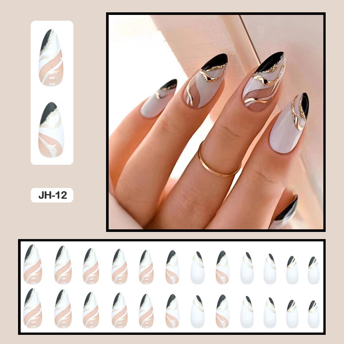 24pcs Nail Art Fake Nails with Glitter and Lines in Shape of Water Drop Square Press on False Nails With Glue and Wearing Tools JH-12