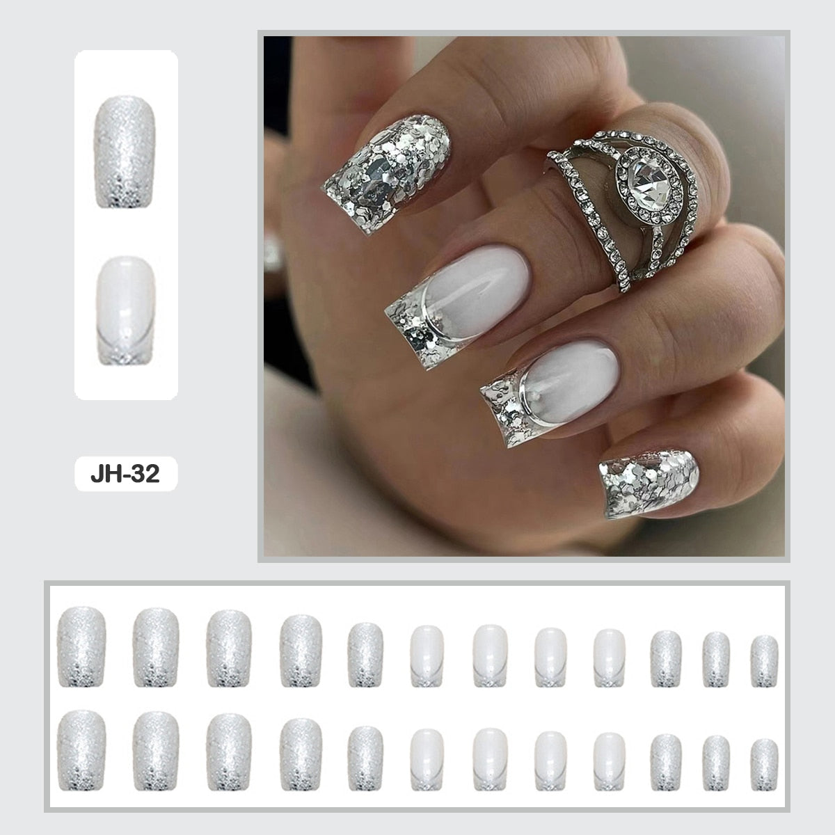 24pcs Nail Art Fake Nails with Glitter and Lines in Shape of Water Drop Square Press on False Nails With Glue and Wearing Tools JH-32