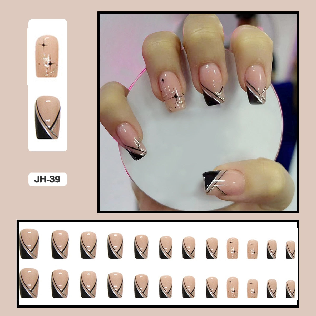 24pcs Nail Art Fake Nails with Glitter and Lines in Shape of Water Drop Square Press on False Nails With Glue and Wearing Tools JH-39