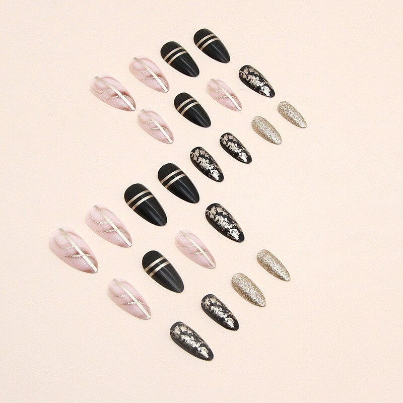 24pcs Nail Art Fake Nails with Glitter and Lines in Shape of Water Drop Square Press on False Nails With Glue and Wearing Tools