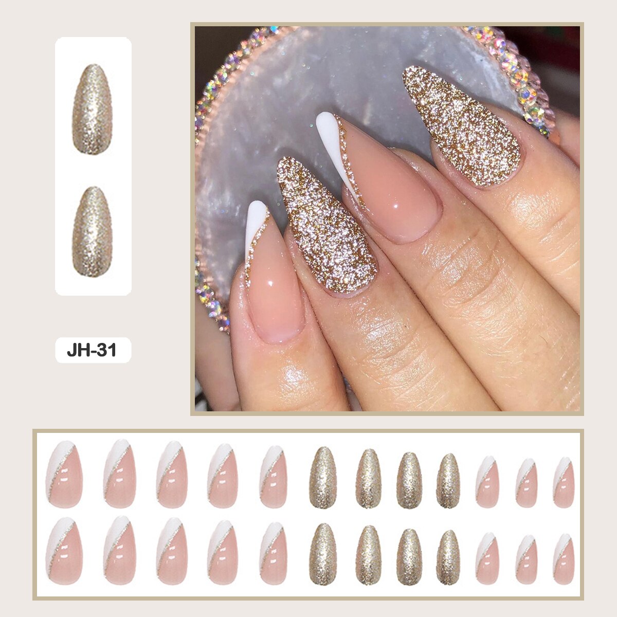 24pcs Nail Art Fake Nails with Glitter and Lines in Shape of Water Drop Square Press on False Nails With Glue and Wearing Tools JH-31
