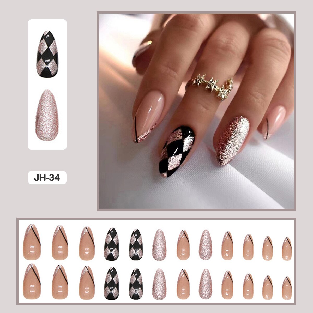 24pcs Nail Art Fake Nails with Glitter and Lines in Shape of Water Drop Square Press on False Nails With Glue and Wearing Tools JH-34