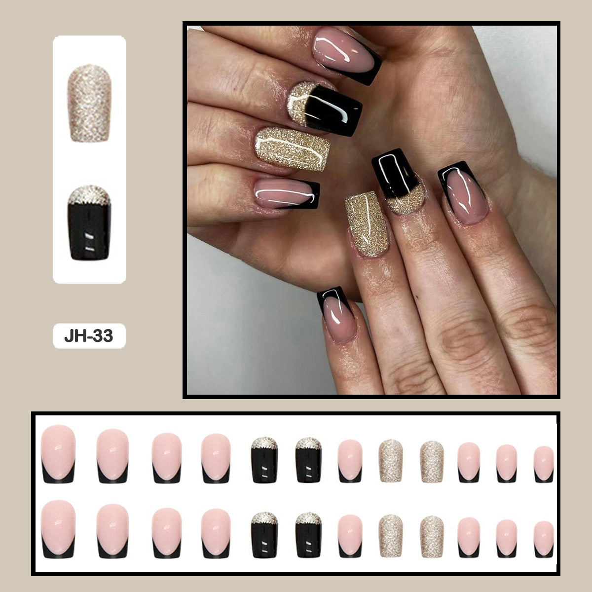 24pcs Nail Art Fake Nails with Glitter and Lines in Shape of Water Drop Square Press on False Nails With Glue and Wearing Tools JH-33