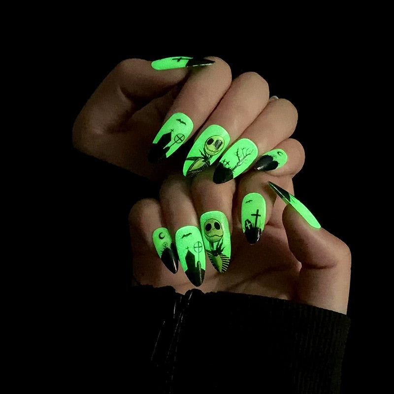 24pcs Noctilucent Green Black Edge French Halloween Wearing Nail Press On Holiday False Nails Unique Nail Art AMAIO