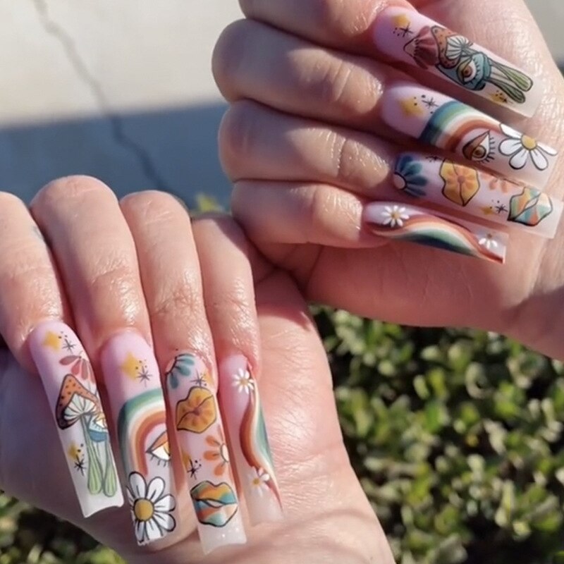 24pcs Removeable False Nails with Glue Ballet Nails with Designs Gradient Shinny Brown Press on Nails Coffin Glitter Fake Nails 292