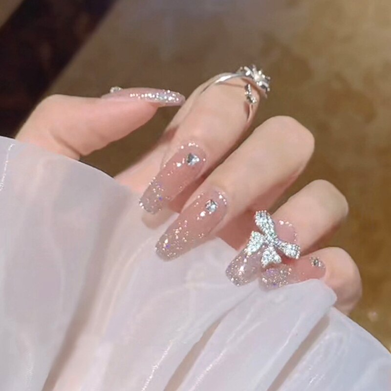 24pcs Rhinestone Design Fake Nails Shiny Bridal Women Lady party nail DIy Decorations Press On nail Tips False Nail Patch 374429
