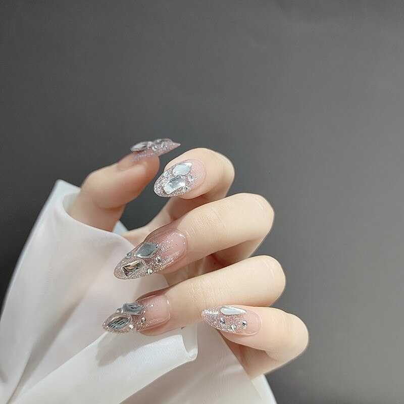 24pcs Rhinestone Design Fake Nails Shiny Bridal Women Lady party nail DIy Decorations Press On nail Tips False Nail Patch 380308