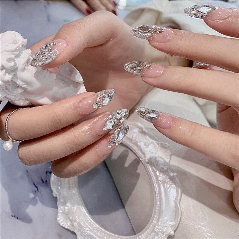 24pcs Rhinestone Design Fake Nails Shiny Bridal Women Lady party nail DIy Decorations Press On nail Tips False Nail Patch 345799