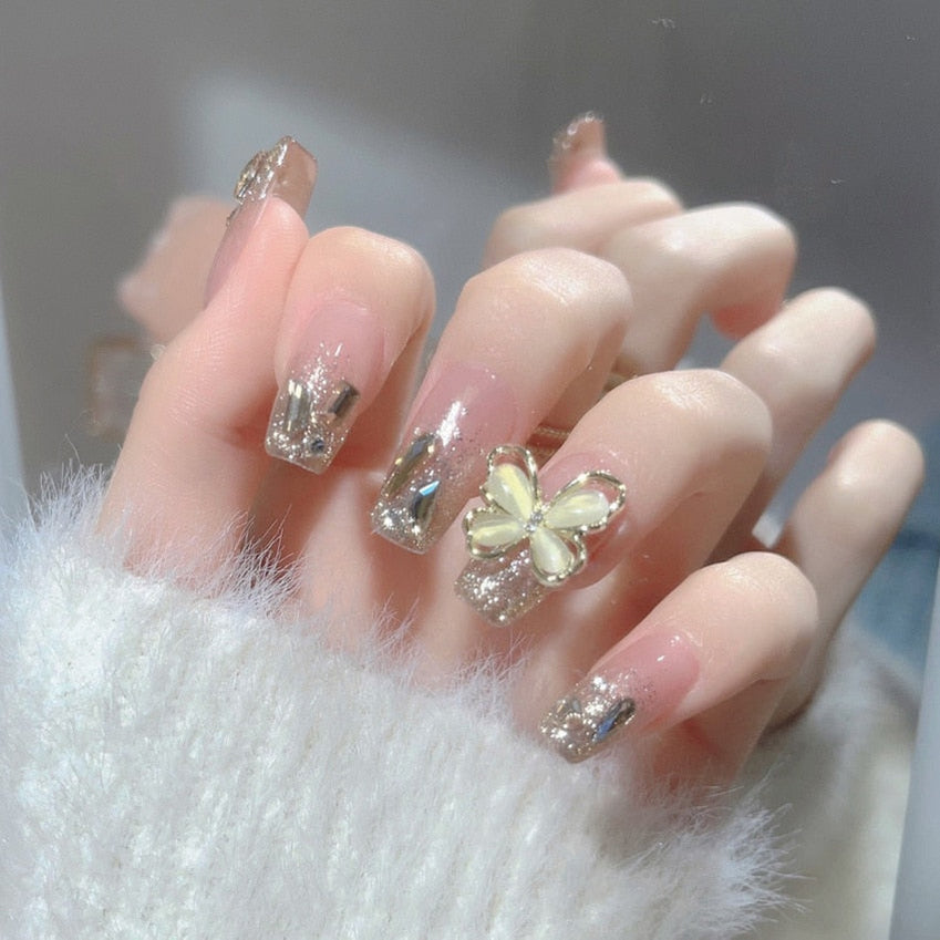 24pcs Rhinestone Design Fake Nails Shiny Bridal Women Lady party nail DIy Decorations Press On nail Tips False Nail Patch 1008401